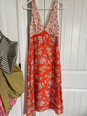 Anthropologie Coral Floral V-Neck Midi Dress